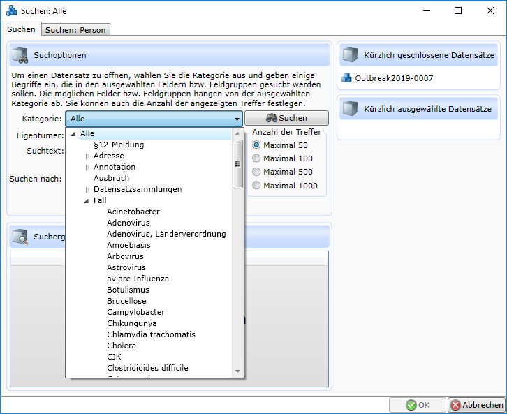 Datensatzsuche mit Kategorienauswahl