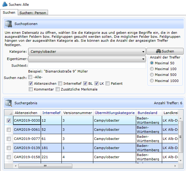 Suchoptionen und Ergebnisanzeige