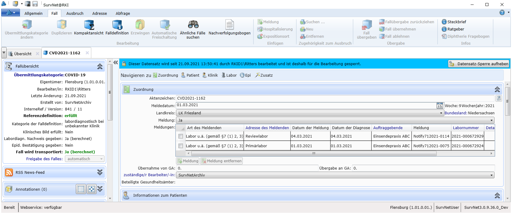 Fall-Datenblatt nach Aufheben der Sperre