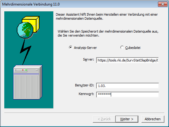 Fenster für Zugang zum Analysis-Server für OLAP-Abfragen